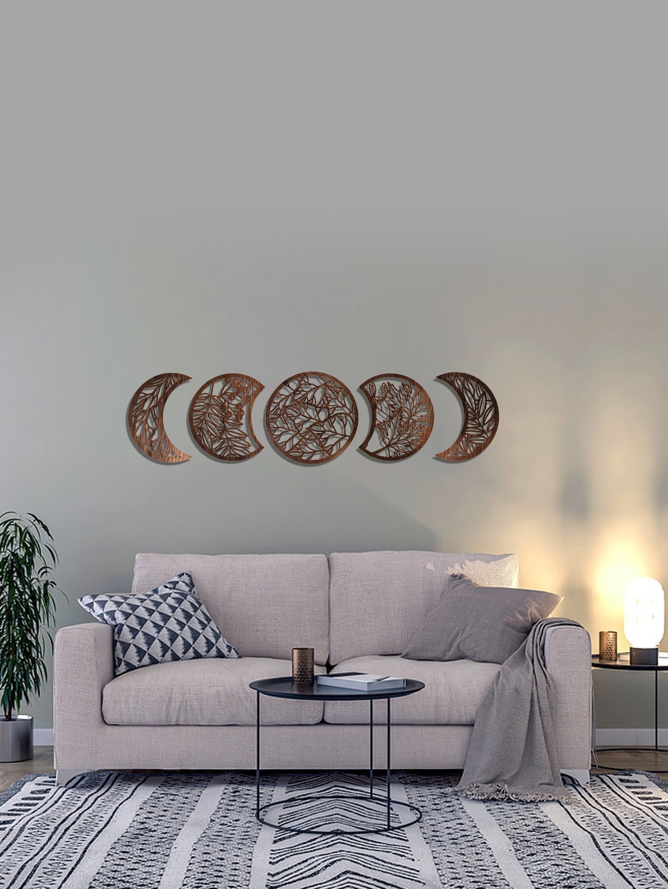 Bohemien Chic: 5-delige Houten Maan & Plant Wandhanger Set