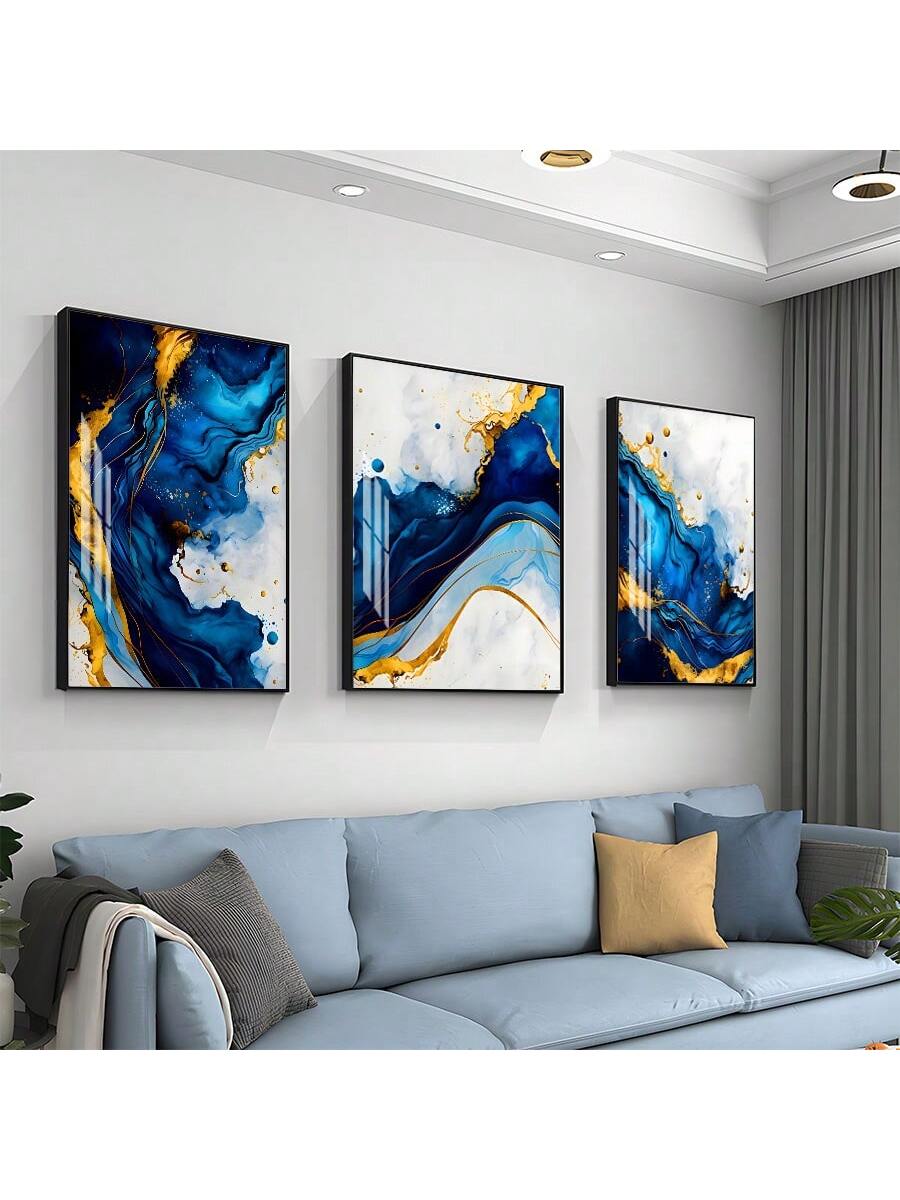 3-Delige Luxe Blauw-Gouden Abstracte Canvas Set - Moderne Minimalistische Wanddecoratie