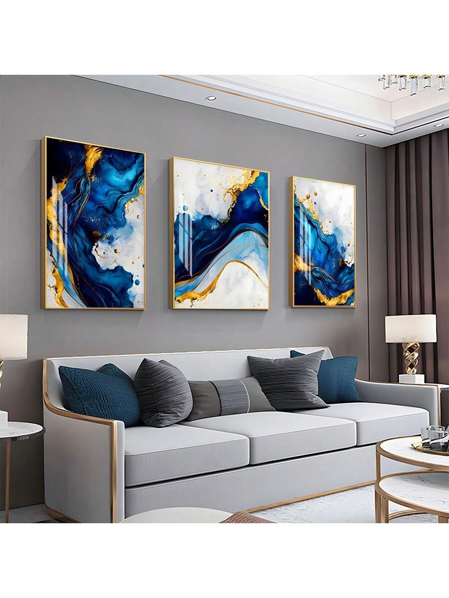 3-Delige Luxe Blauw-Gouden Abstracte Canvas Set - Moderne Minimalistische Wanddecoratie