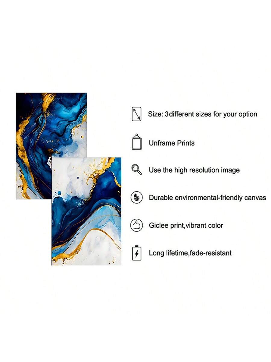 3-Delige Luxe Blauw-Gouden Abstracte Canvas Set - Moderne Minimalistische Wanddecoratie