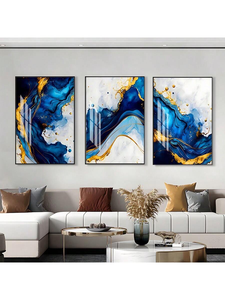 3-Delige Luxe Blauw-Gouden Abstracte Canvas Set - Moderne Minimalistische Wanddecoratie