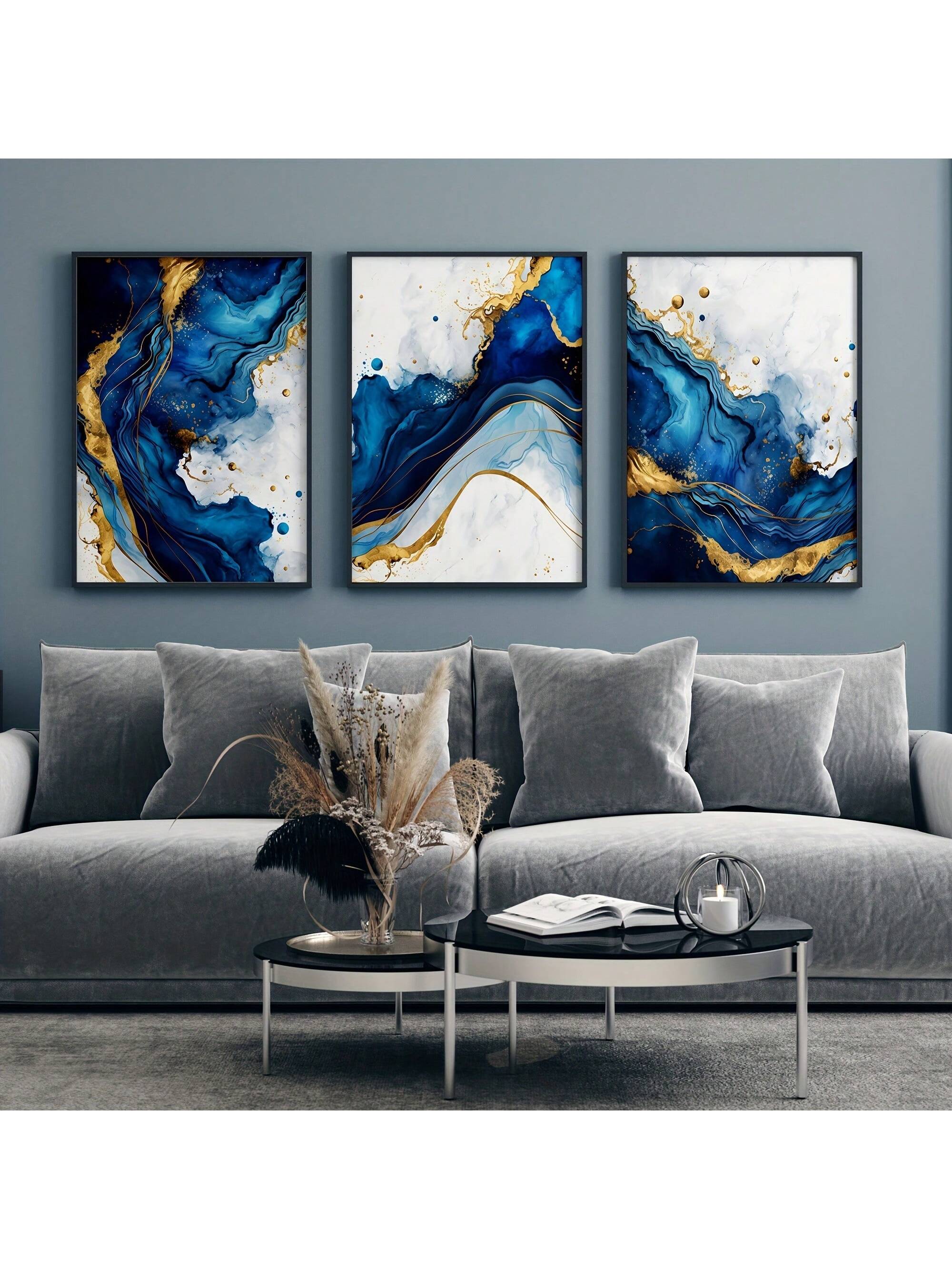 3-Delige Luxe Blauw-Gouden Abstracte Canvas Set - Moderne Minimalistische Wanddecoratie