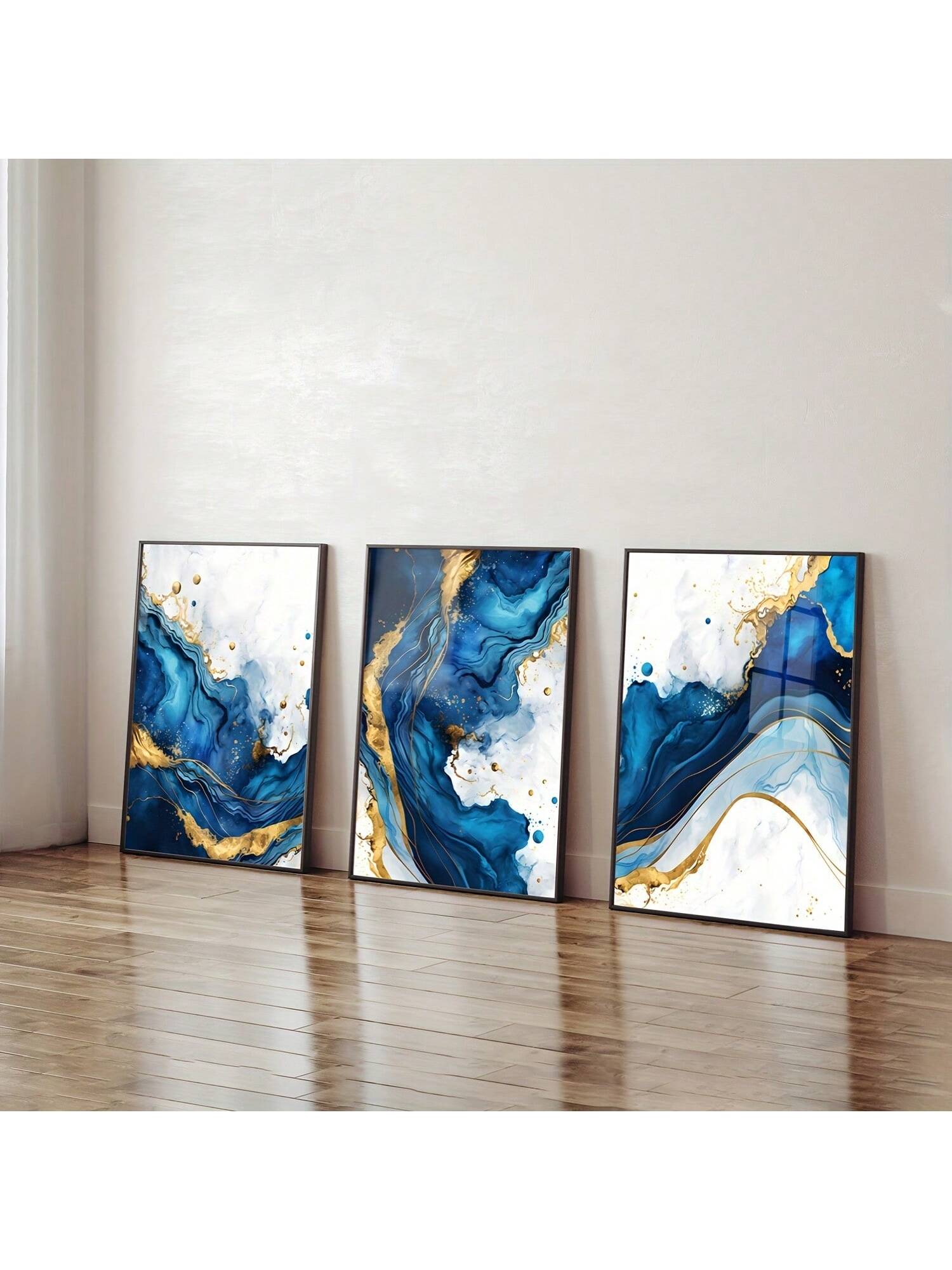 3-Delige Luxe Blauw-Gouden Abstracte Canvas Set - Moderne Minimalistische Wanddecoratie