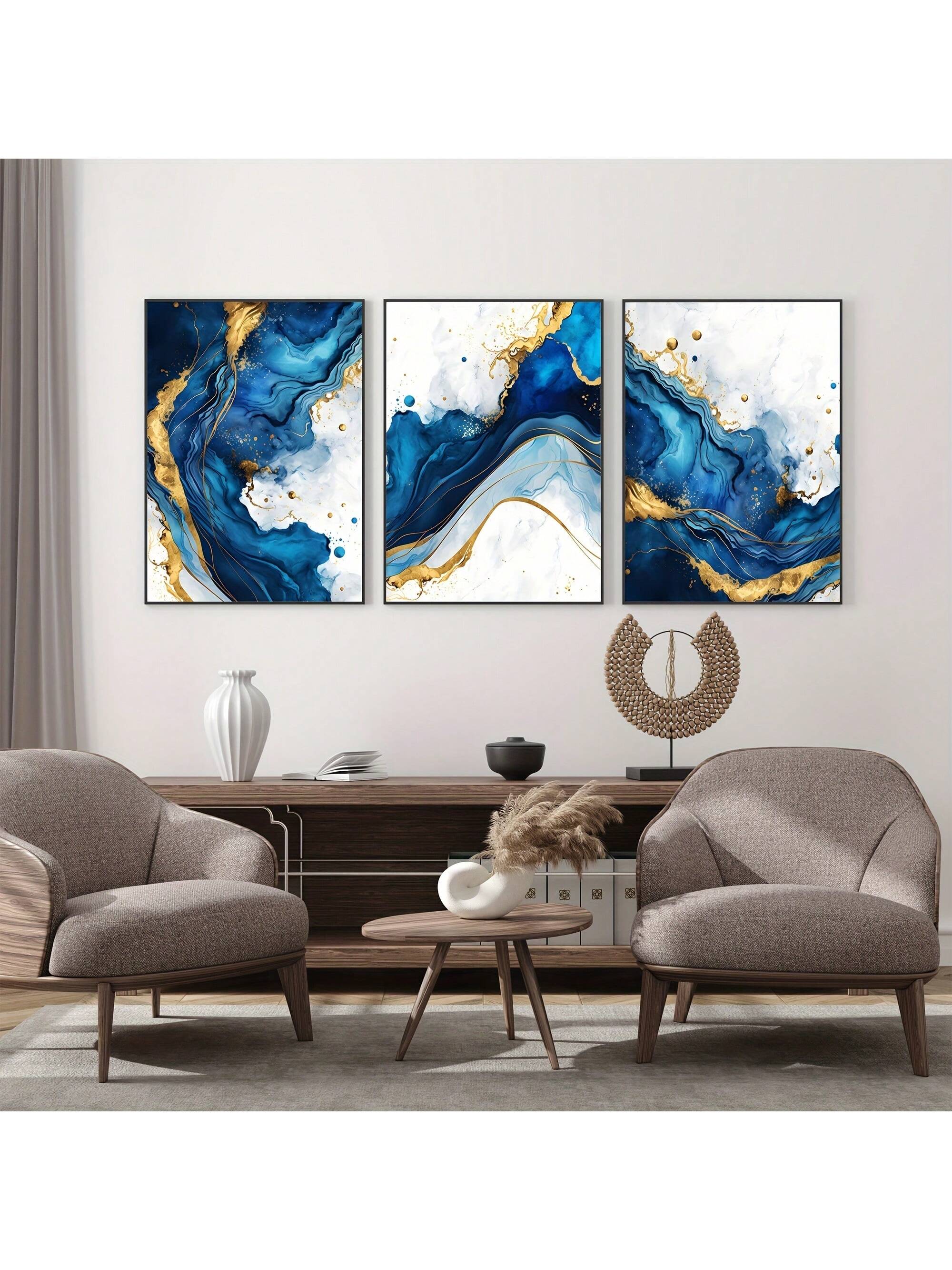 3-Delige Luxe Blauw-Gouden Abstracte Canvas Set - Moderne Minimalistische Wanddecoratie