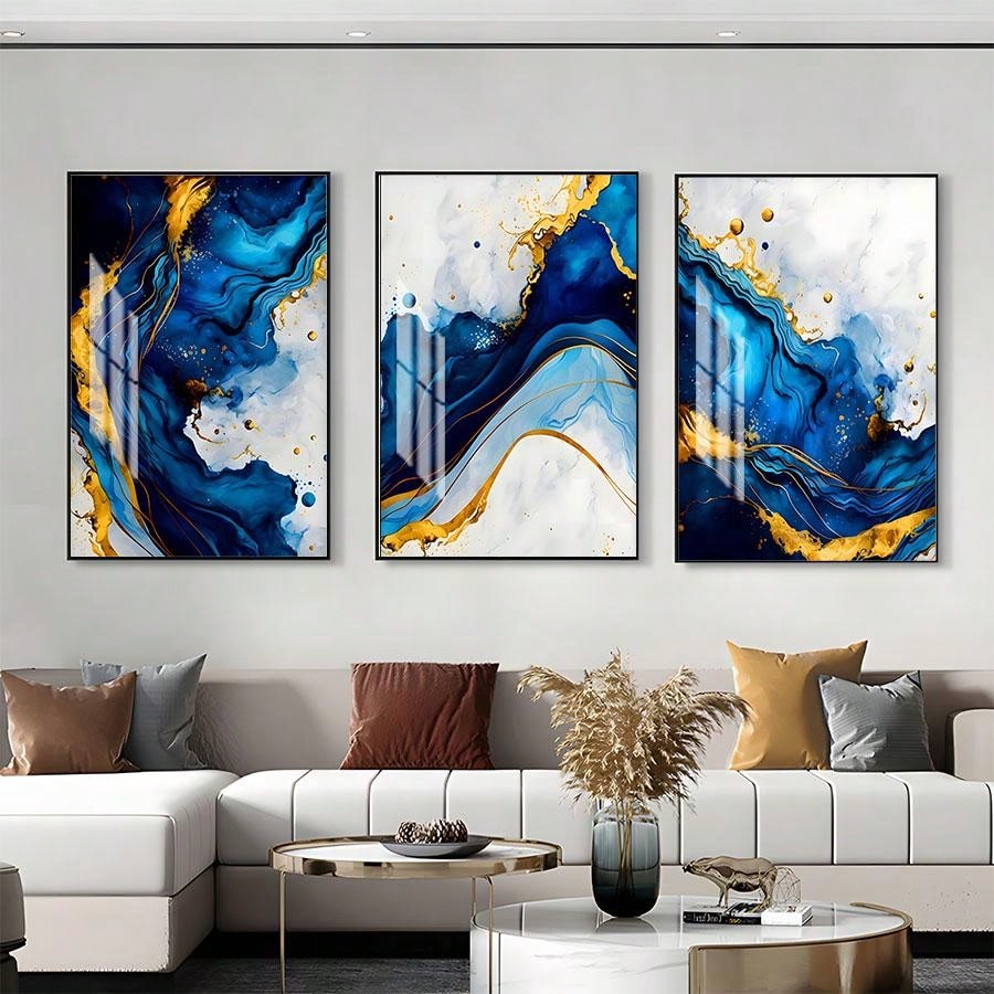 3-Delige Luxe Blauw-Gouden Abstracte Canvas Set - Moderne Minimalistische Wanddecoratie