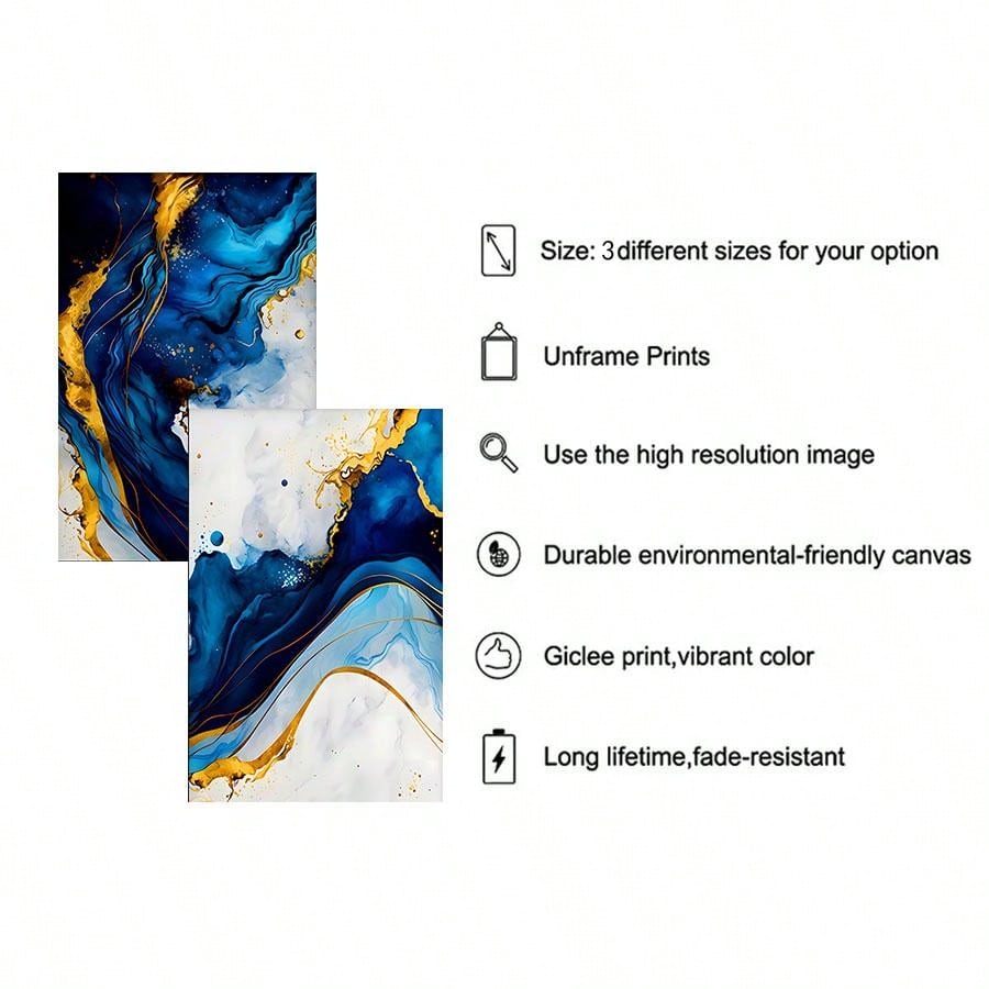 3-Delige Luxe Blauw-Gouden Abstracte Canvas Set - Moderne Minimalistische Wanddecoratie