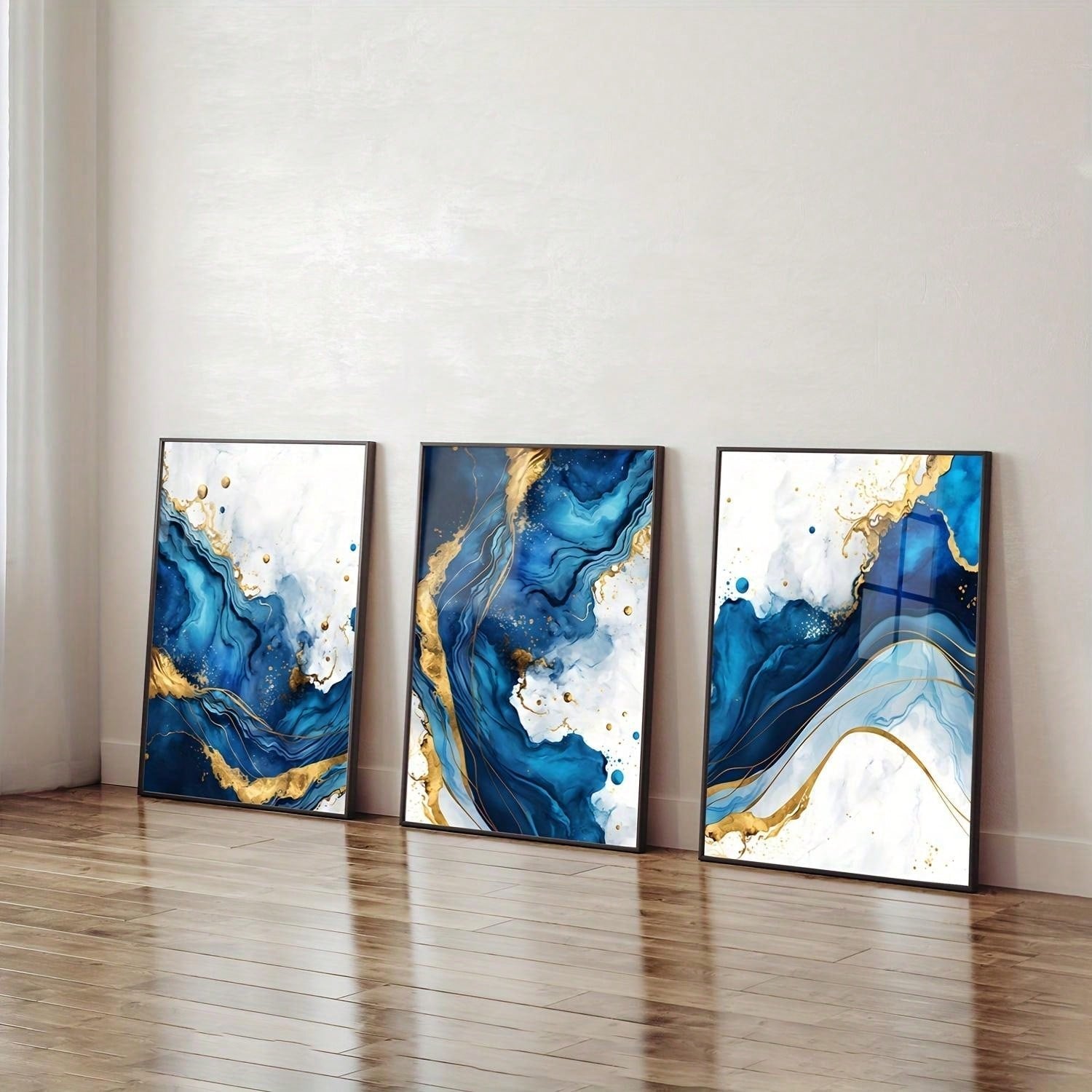 3-Delige Luxe Blauw-Gouden Abstracte Canvas Set - Moderne Minimalistische Wanddecoratie