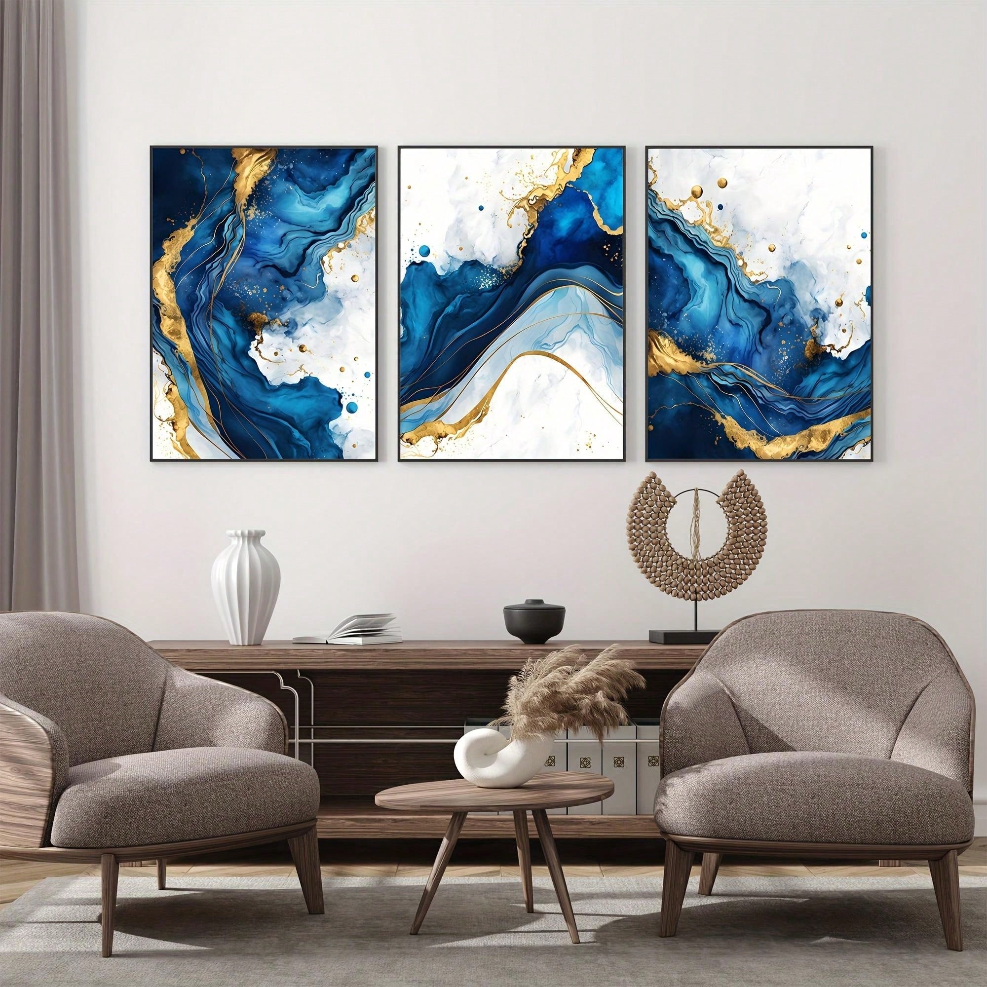 3-Delige Luxe Blauw-Gouden Abstracte Canvas Set - Moderne Minimalistische Wanddecoratie