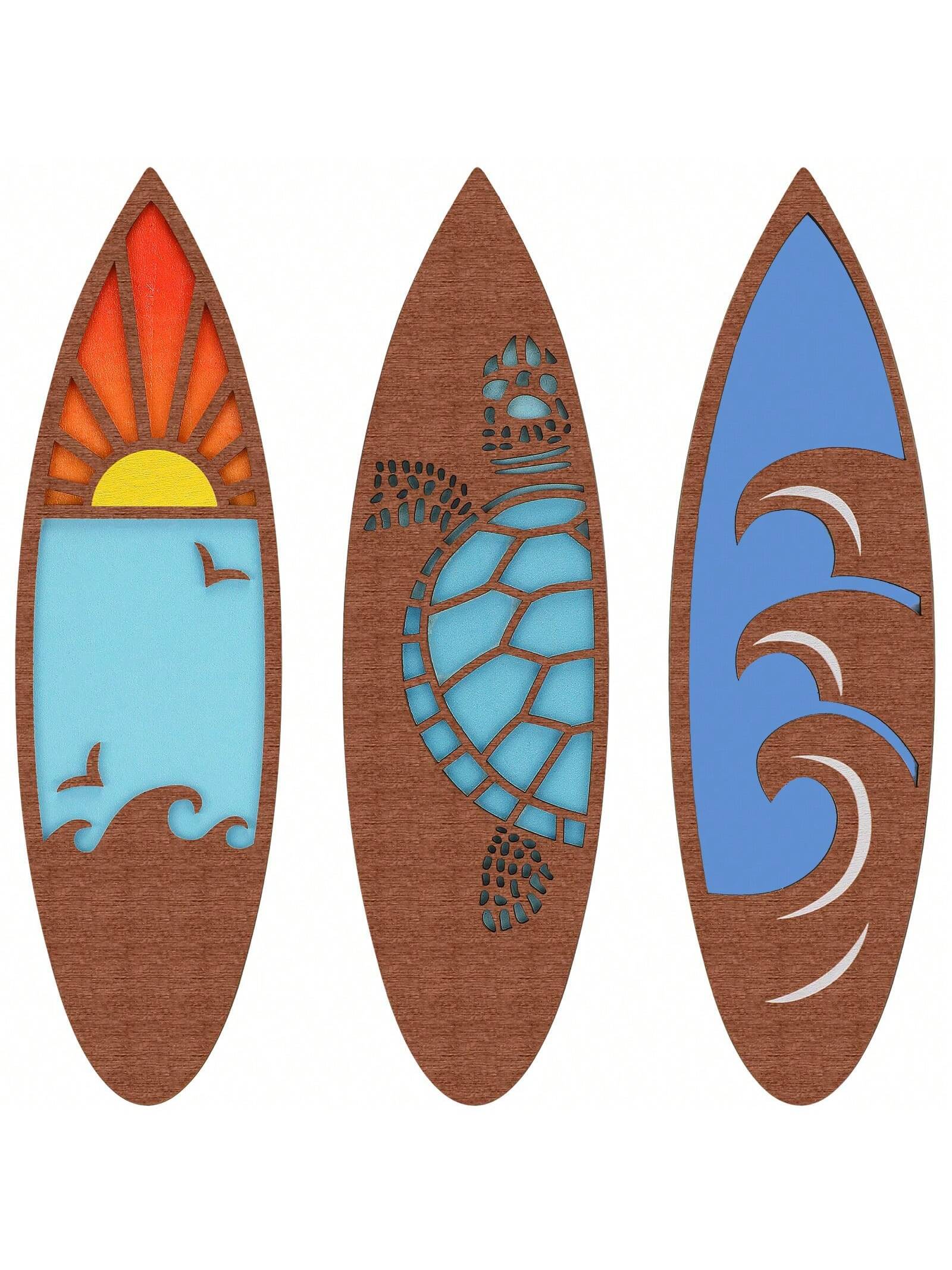 Tropisch Surfplank Wandhanger Trio - Hawaïaanse Stranddecor met Hibiscus, Ananas & Zeeschildpad