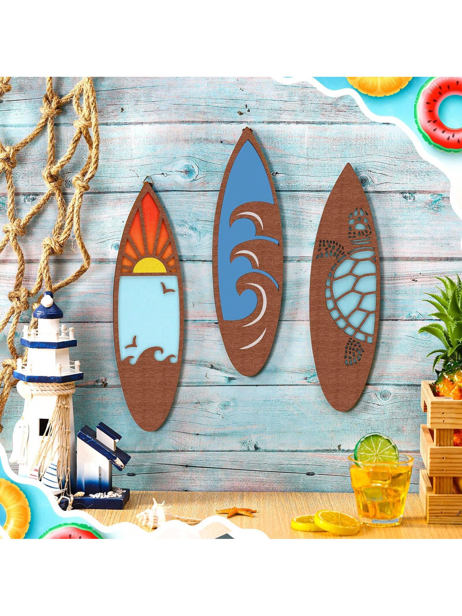 Tropisch Surfplank Wandhanger Trio - Hawaïaanse Stranddecor met Hibiscus, Ananas & Zeeschildpad