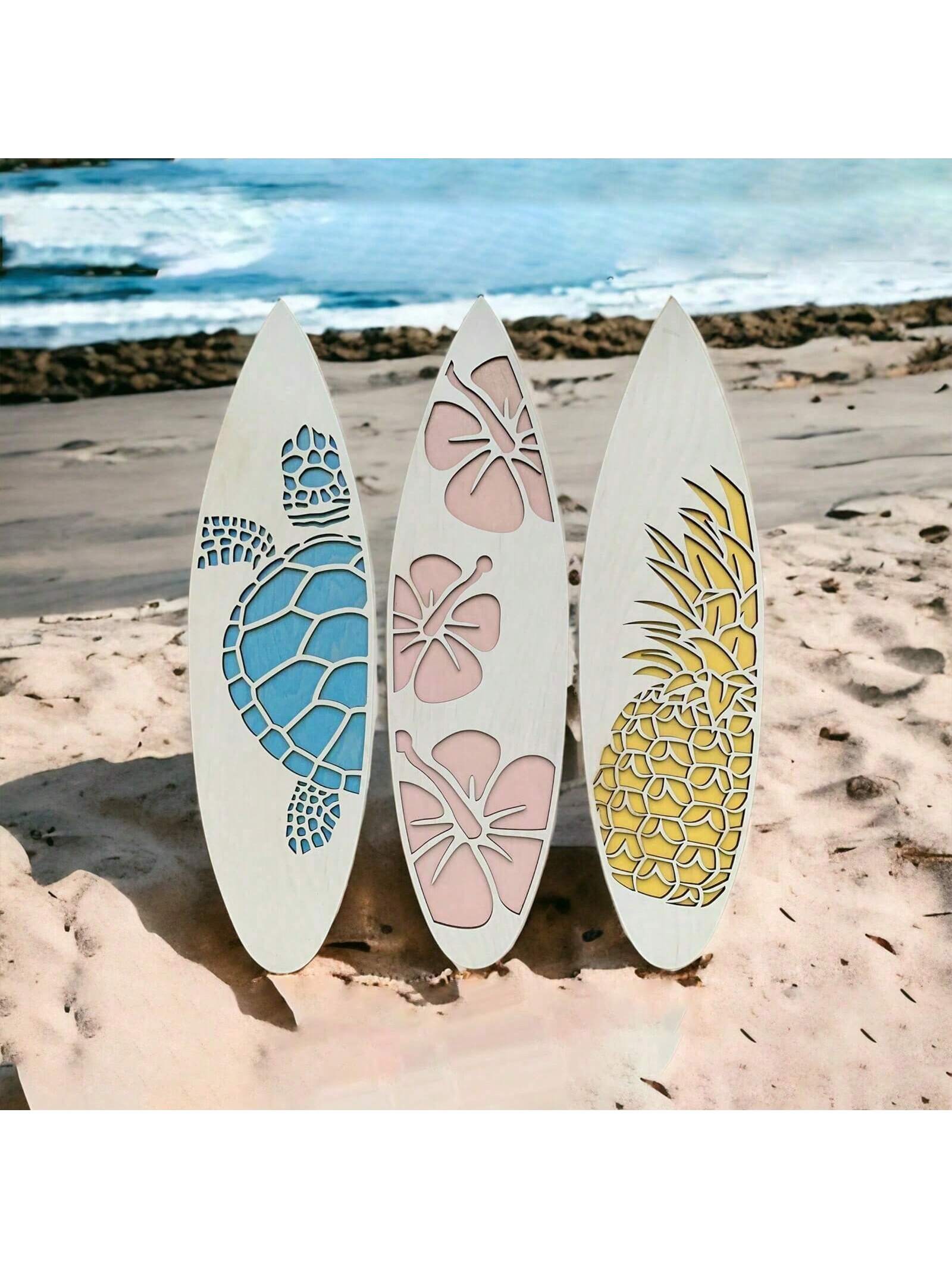 Tropisch Surfplank Wandhanger Trio - Hawaïaanse Stranddecor met Hibiscus, Ananas & Zeeschildpad