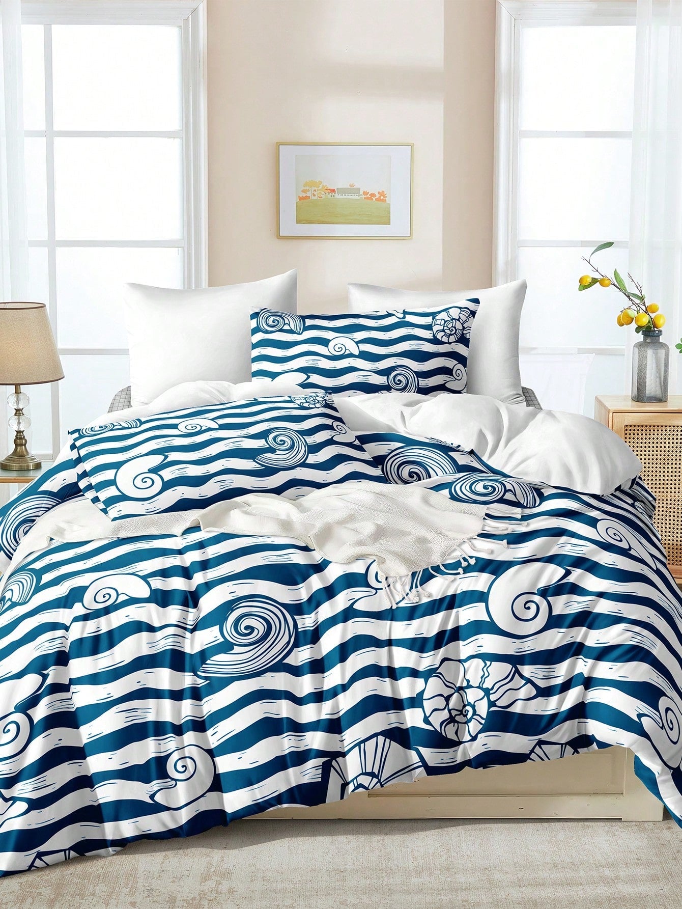 Ocean Stripe - 3-delige Polyester Dekbedovertrekset met Blauwe Strepen