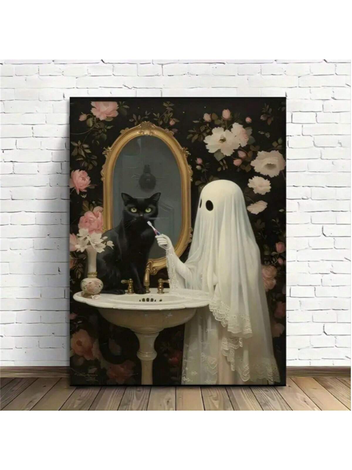 Schattige Geest & Zwarte Kat Canvasposter - Speelse Badkamerdecoratie