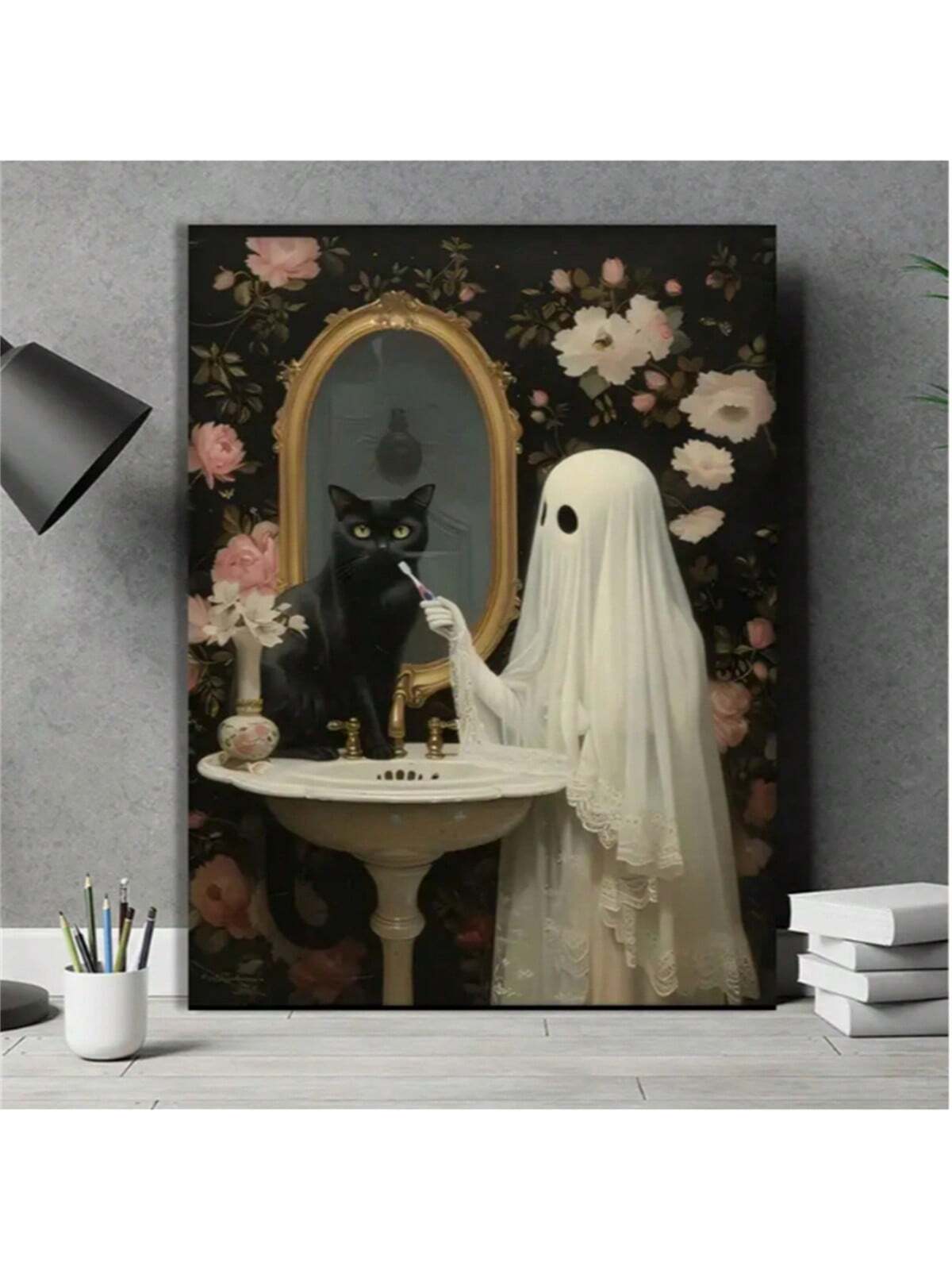 Schattige Geest & Zwarte Kat Canvasposter - Speelse Badkamerdecoratie