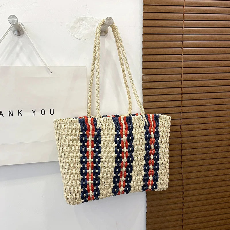 ByMave - Gestreepte rieten tas met hoge riem