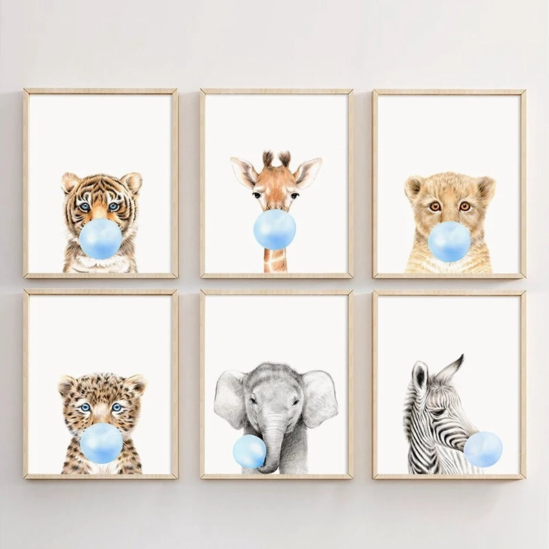 6-Delige Speelse Dieren Posters - Schattige Blauwe Kauwgomdecor voor Kinderkamers