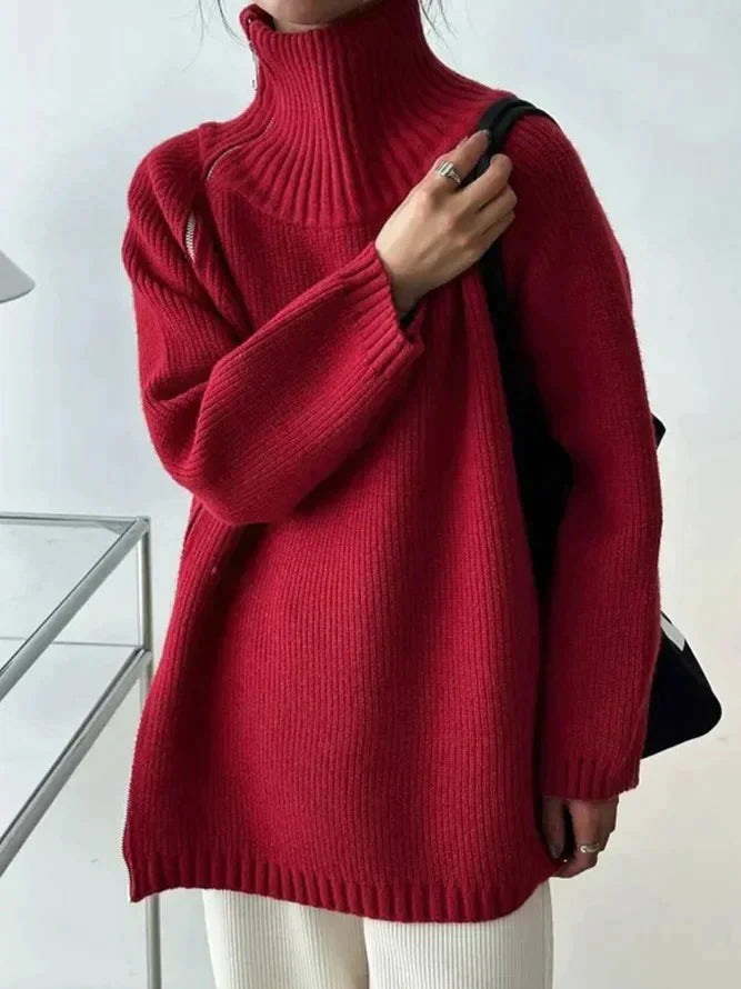 Nienke - Rode effen sweater met hoge hals voor warmte