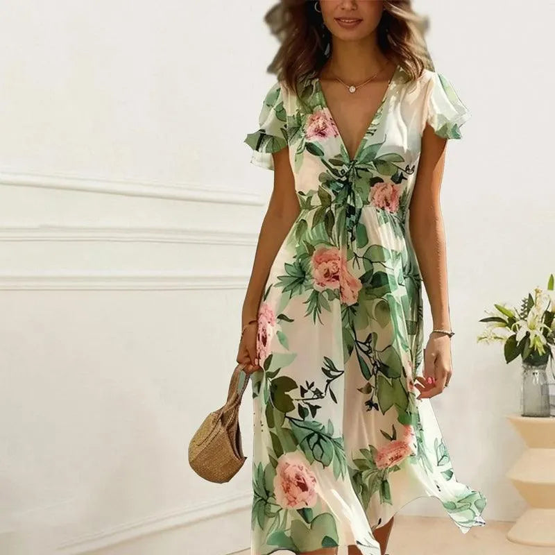 Elin - Groene midi jurk met bloemenprint dames