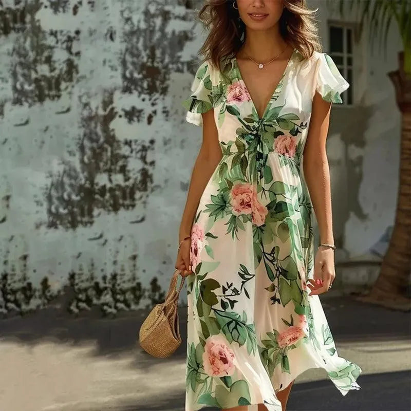 Elin - Groene midi jurk met bloemenprint dames