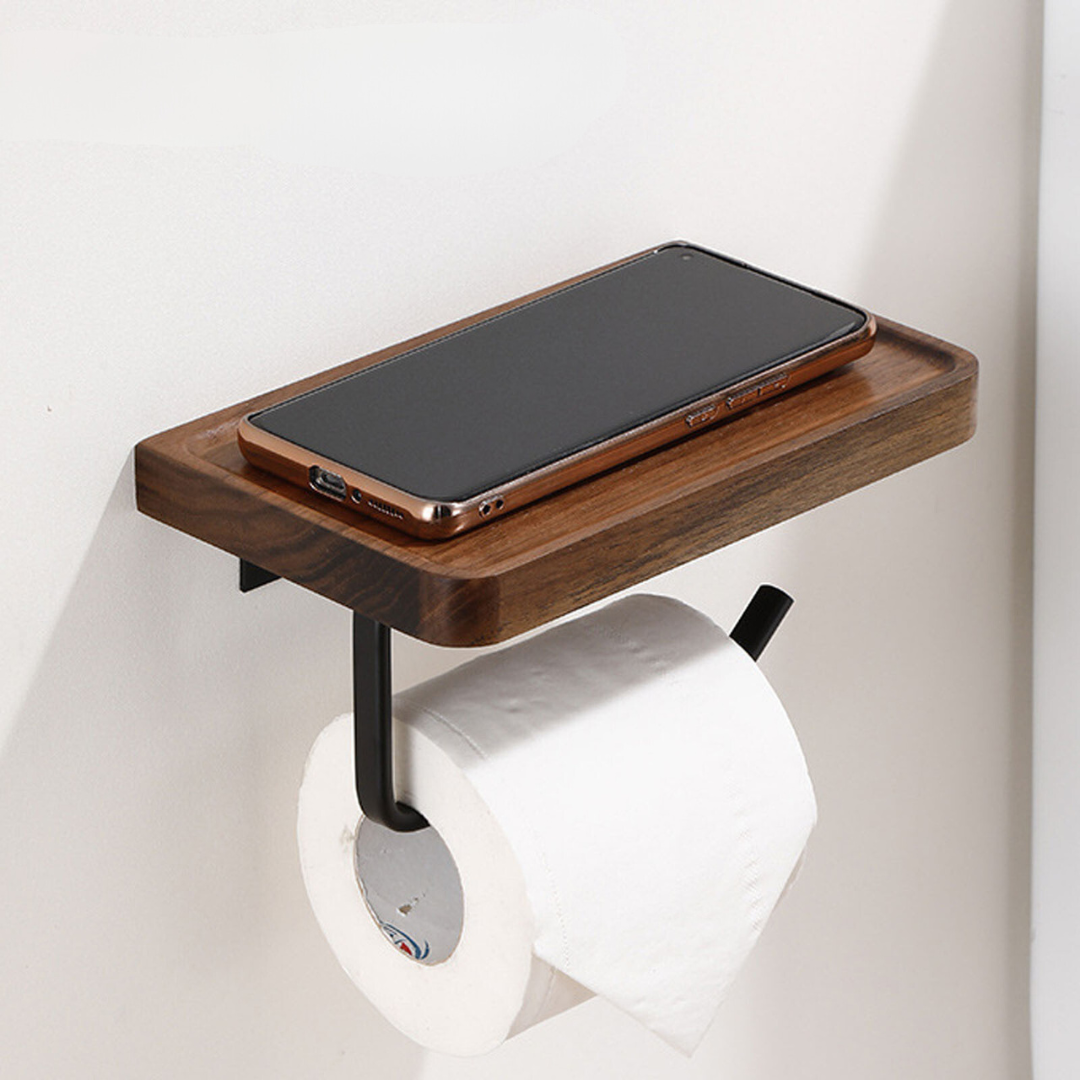 Toiletpapierhouder Wandbevestiging - Natuurlijk Walnoot Houten Plank met 304 Roestvrij Staal