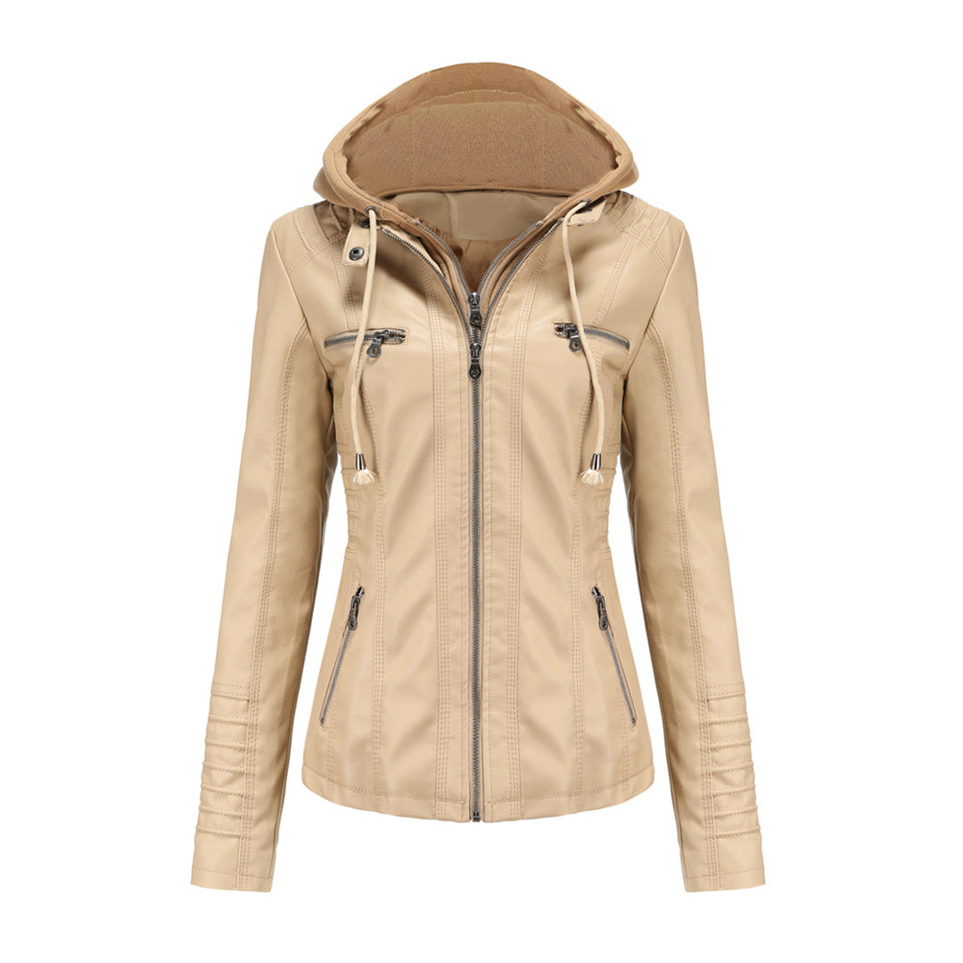 Barbara | Zwarte PU leren herfstjas voor dames met afneembare capuchon en dubbele rits