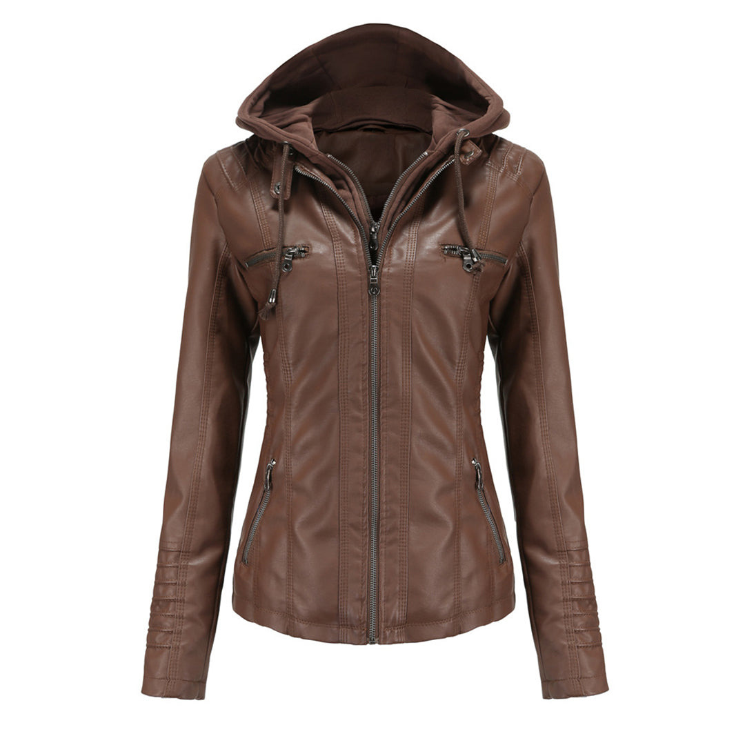 Barbara | Zwarte PU leren herfstjas voor dames met afneembare capuchon en dubbele rits