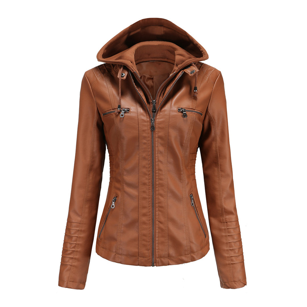 Barbara | Zwarte PU leren herfstjas voor dames met afneembare capuchon en dubbele rits