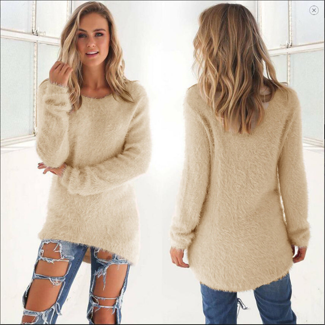 Amelia | Lichte luchtige polyester herfsttrui voor dames met pluizige textuur en ronde hals
