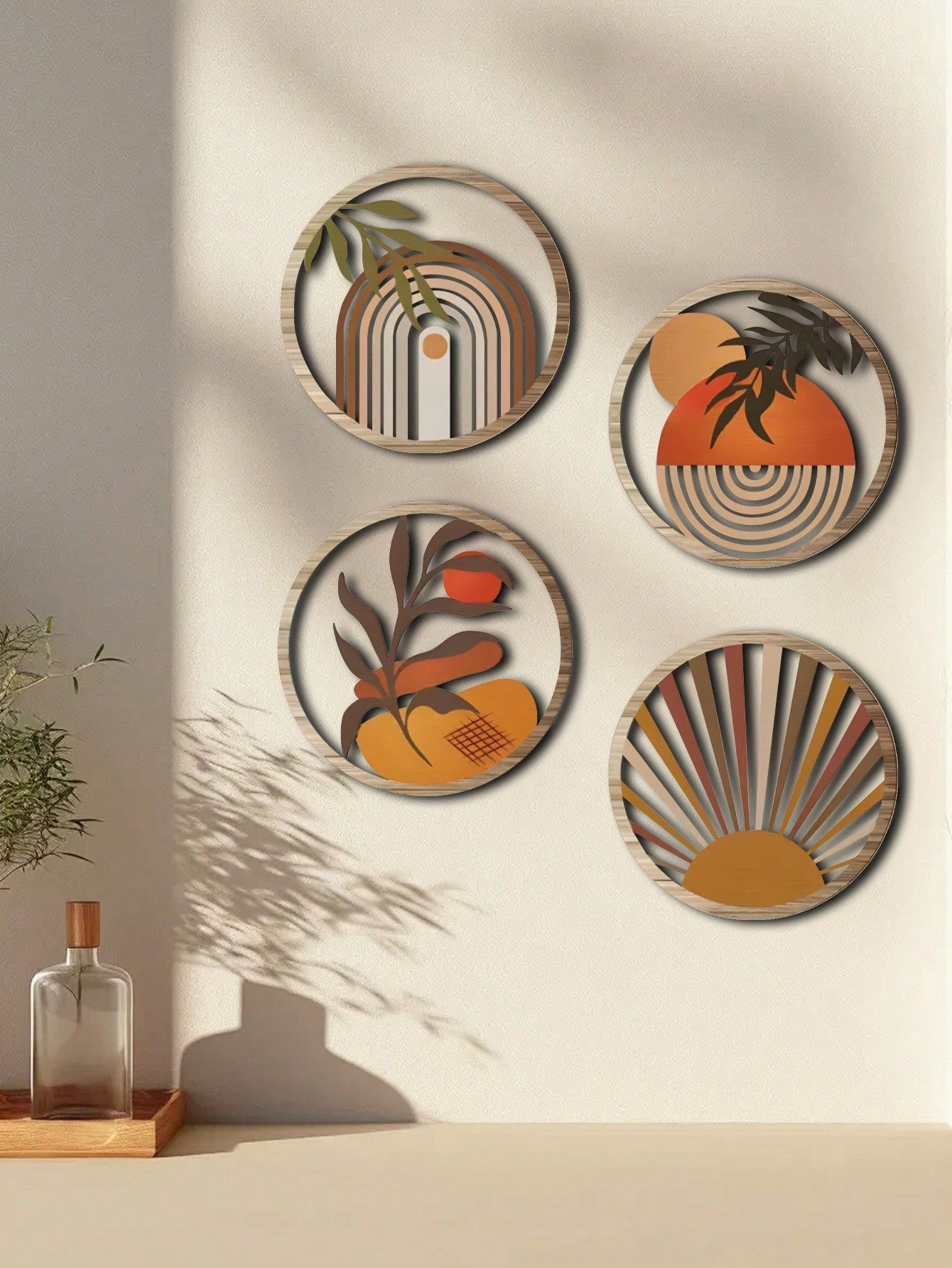 Boheemse Houten Wanddecoratie Set (4-delig) - Rustieke Boho Sfeer voor Woon- & Slaapkamer