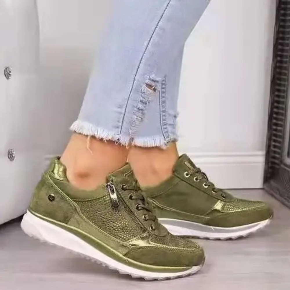 Sofie | Glanzende PU leren herfst damessneakers met ritsdetail en brede pasvorm voor dagelijks comfort