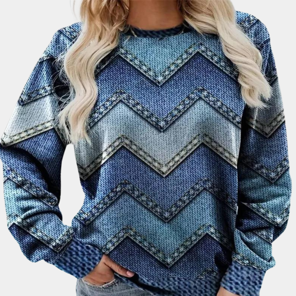 Elysia | Warme luchtige herfsttrui voor dames met denim zigzagdesign en comfortabele pasvorm