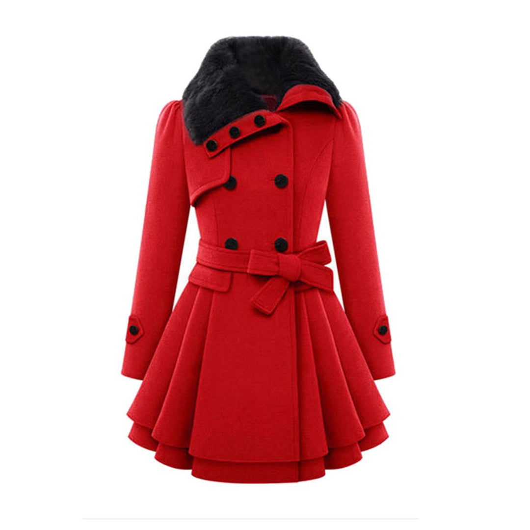 Sophie | Elegante warme wollen winterjas voor dames met imitatiebontkraag en ceintuur