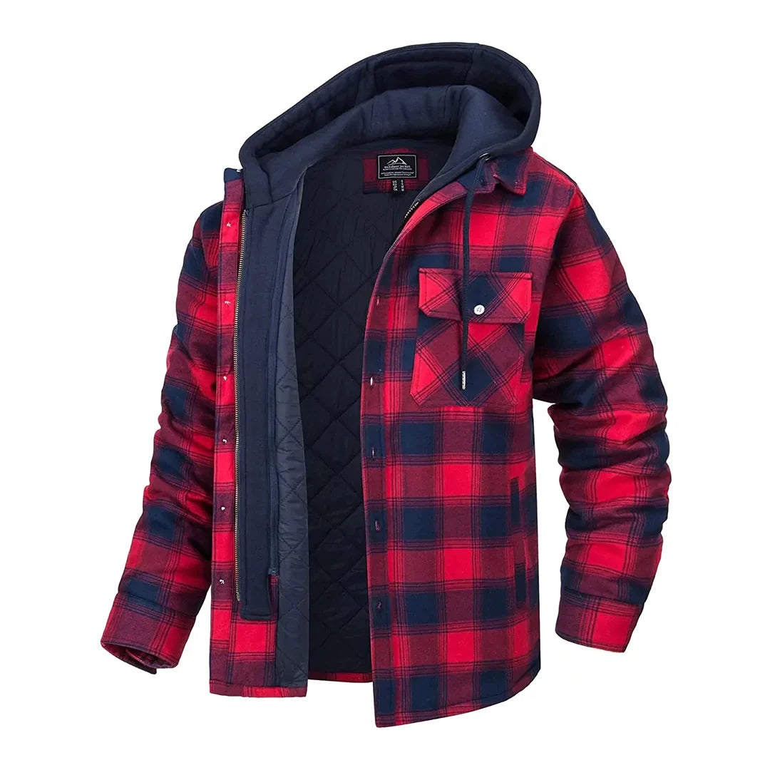 Hugo | Warme gevoerde katoenen winterjas voor heren met geruit design en capuchon