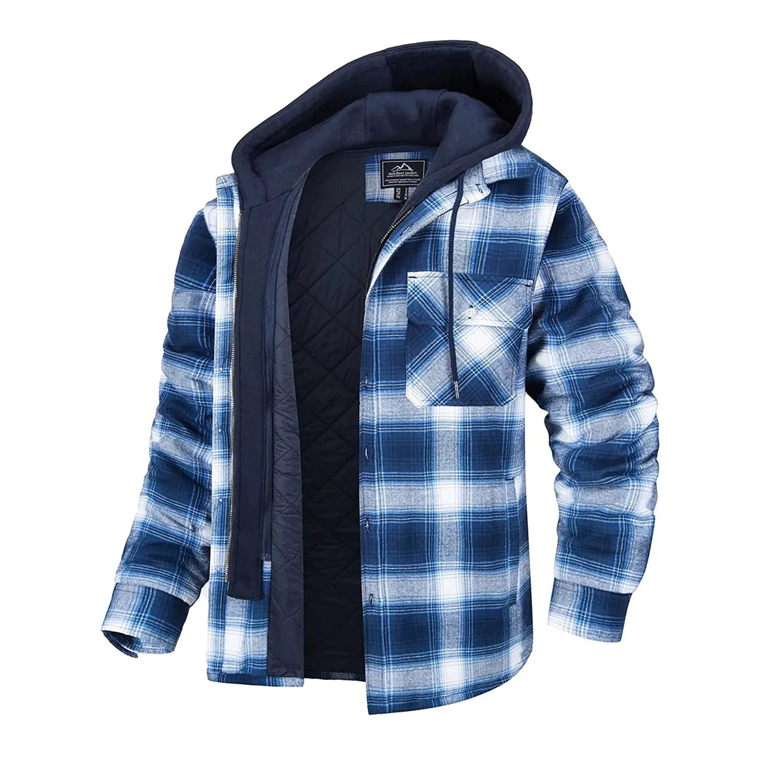 Hugo | Warme gevoerde katoenen winterjas voor heren met geruit design en capuchon