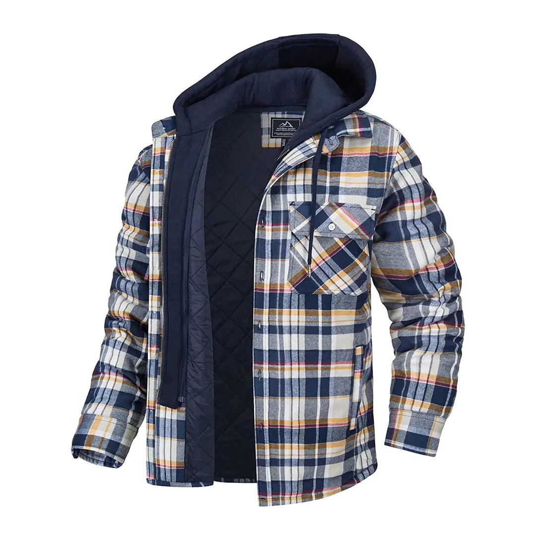 Hugo | Warme gevoerde katoenen winterjas voor heren met geruit design en capuchon