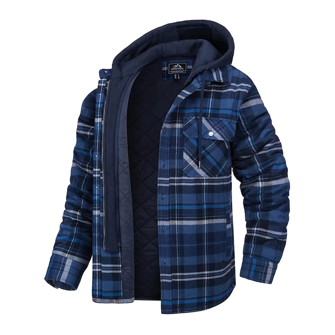Hugo | Warme gevoerde katoenen winterjas voor heren met geruit design en capuchon