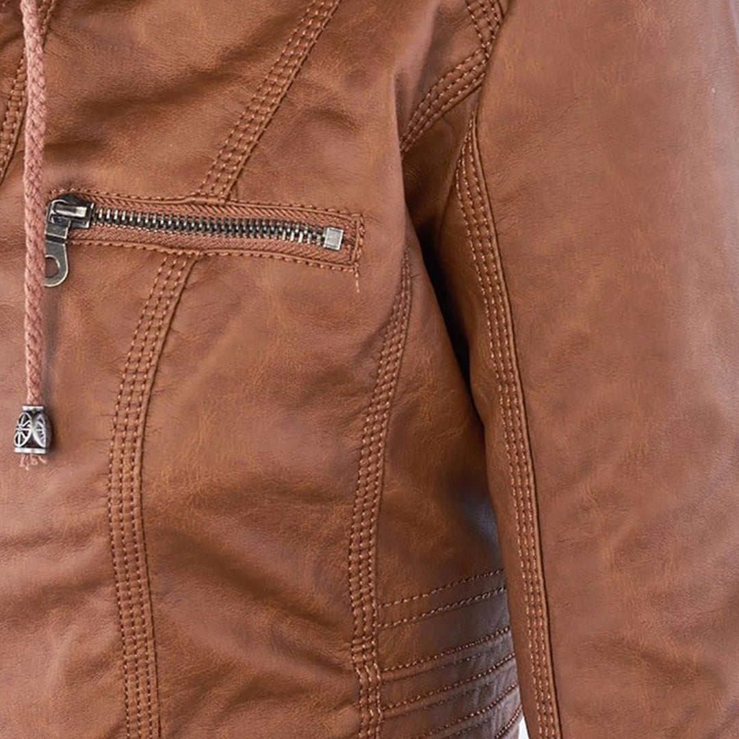 Liesl | Korte PU-leren herfstjas voor dames met capuchon en ritssluiting