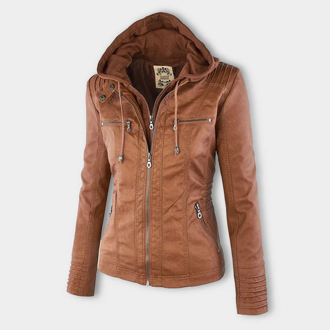 Liesl | Korte PU-leren herfstjas voor dames met capuchon en ritssluiting
