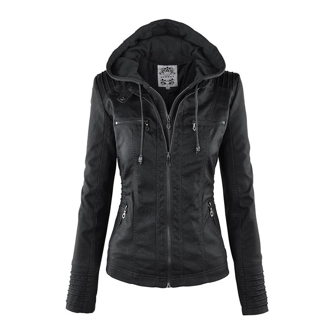 Liesl | Korte PU-leren herfstjas voor dames met capuchon en ritssluiting