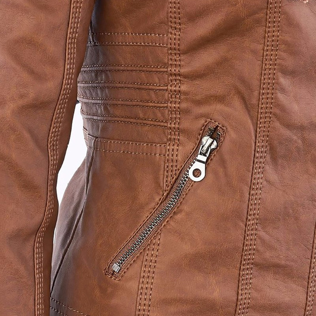 Liesl | Korte PU-leren herfstjas voor dames met capuchon en ritssluiting