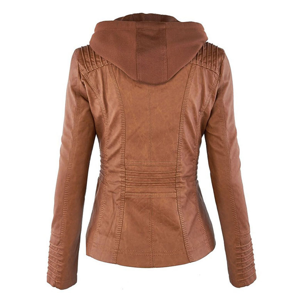 Liesl | Korte PU-leren herfstjas voor dames met capuchon en ritssluiting