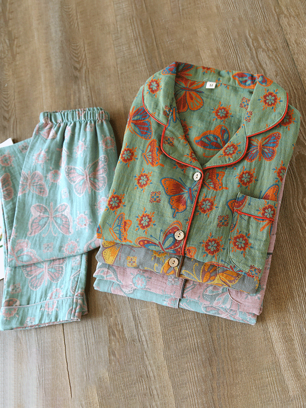 Isabel - Crêpe Pyjama Set Met Vintage Vlinderprint (2-delig)