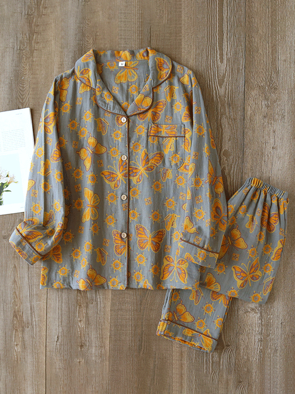 Isabel - Crêpe Pyjama Set Met Vintage Vlinderprint (2-delig)