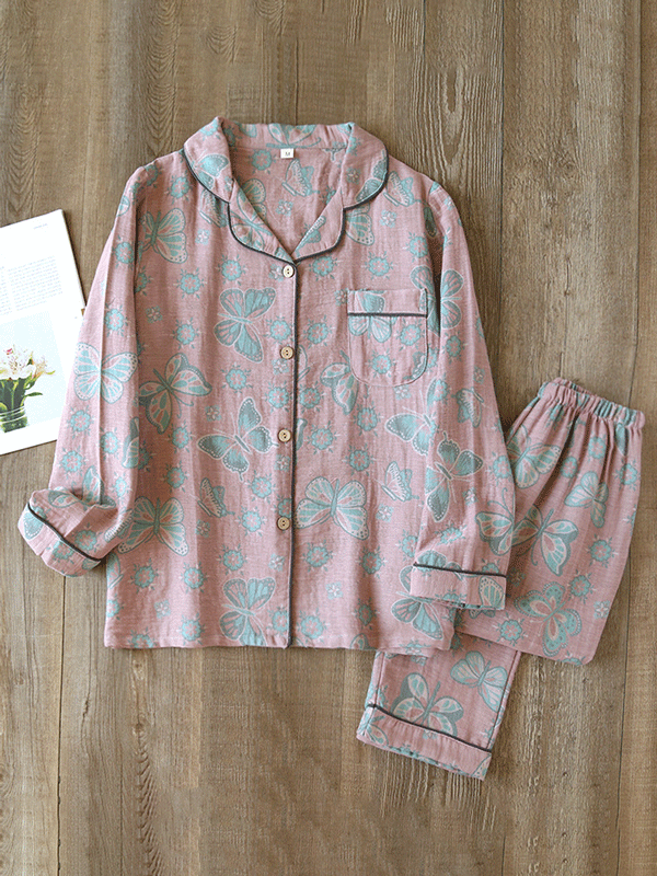 Isabel - Crêpe Pyjama Set Met Vintage Vlinderprint (2-delig)