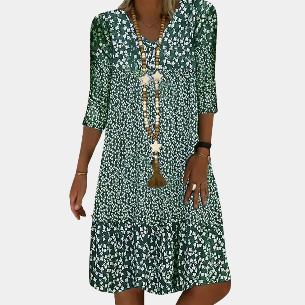 Elegante damesjurk met V-hals en korte mouwen – stijlvol comfort voor elke zomerse gelegenheid