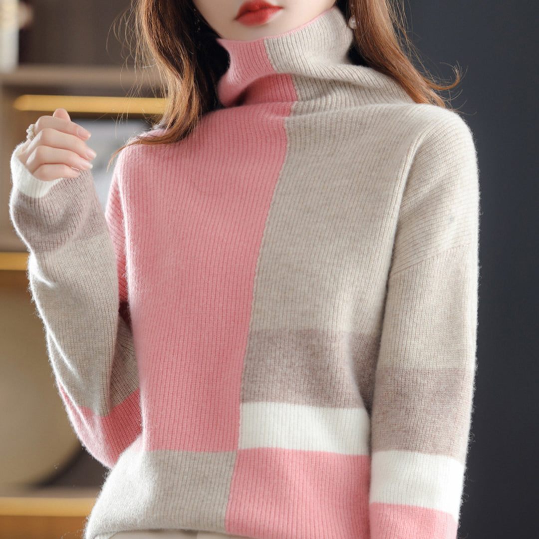 Yvette | Zachte duurzame wollen herfsttrui voor dames met col en modern kleurblokdesign