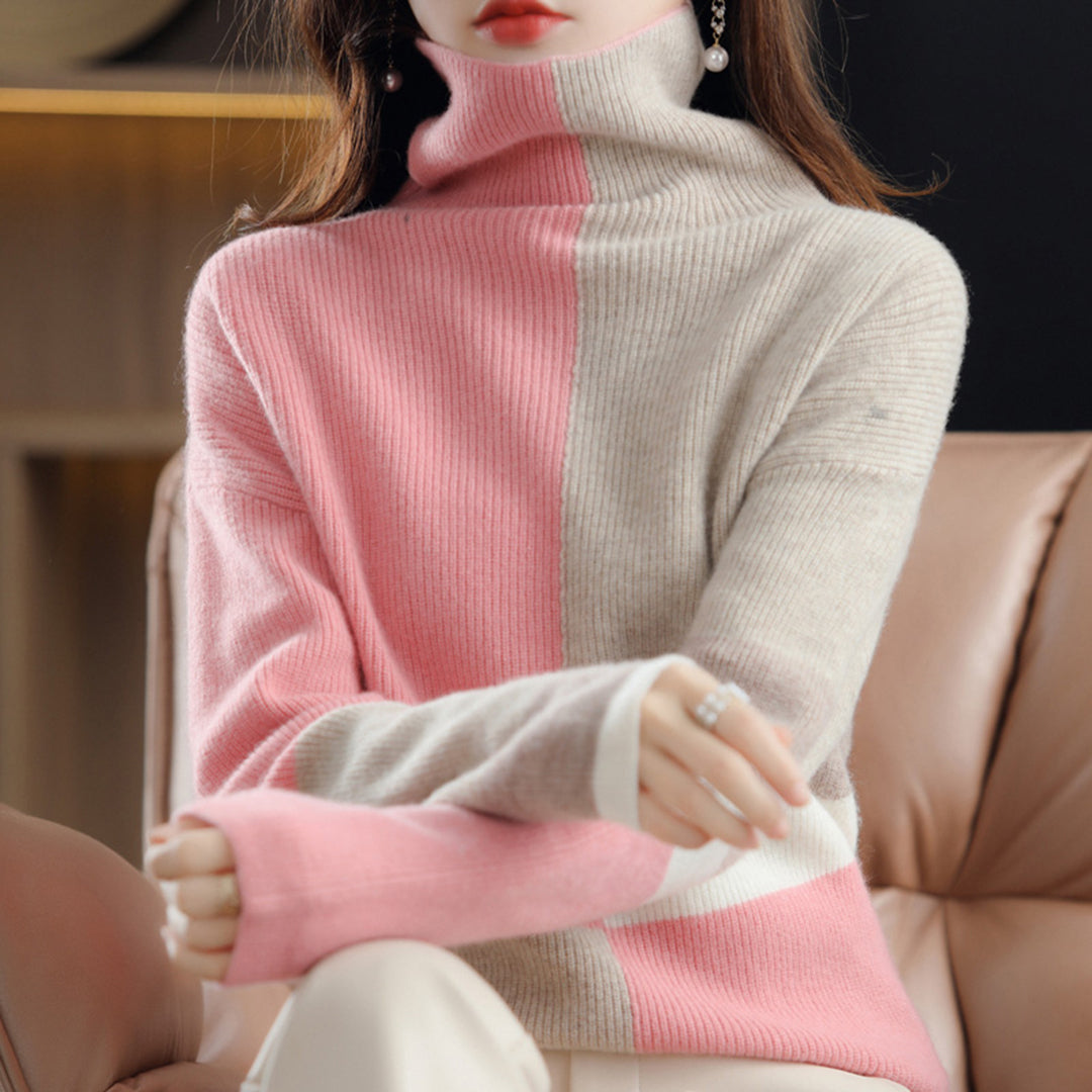 Yvette | Dames herfsttrui met col en kleurblokdesign