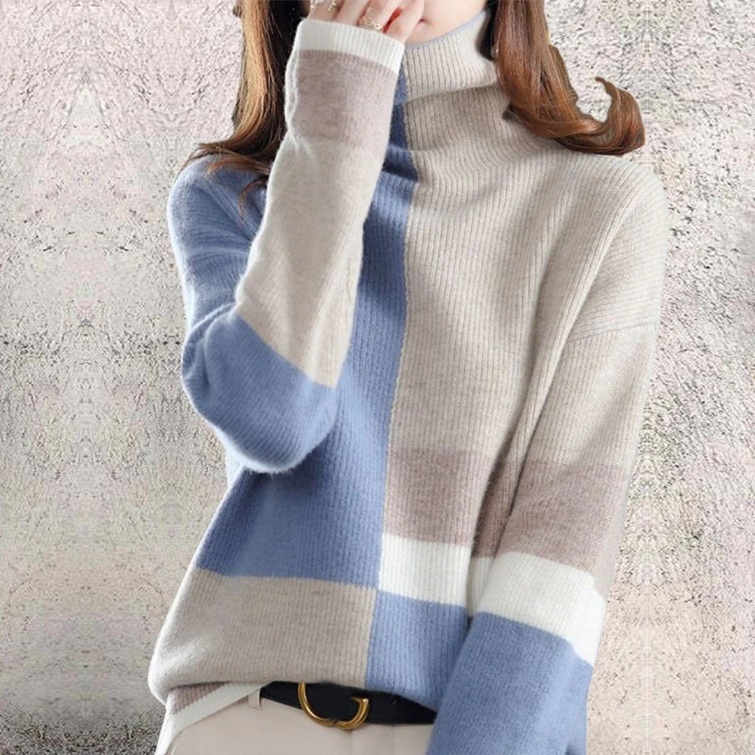 Yvette | Dames herfsttrui met col en kleurblokdesign