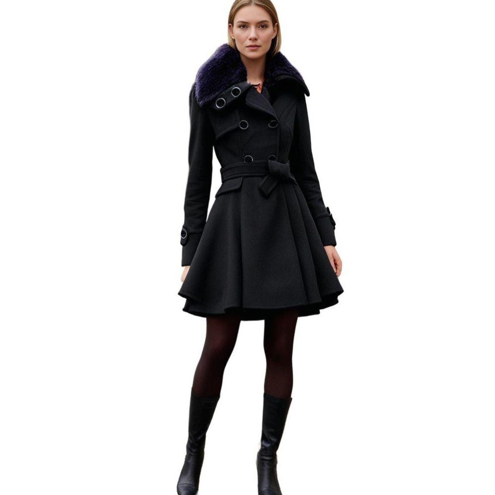 Sophie | Elegante warme wollen winterjas voor dames met imitatiebontkraag en ceintuur