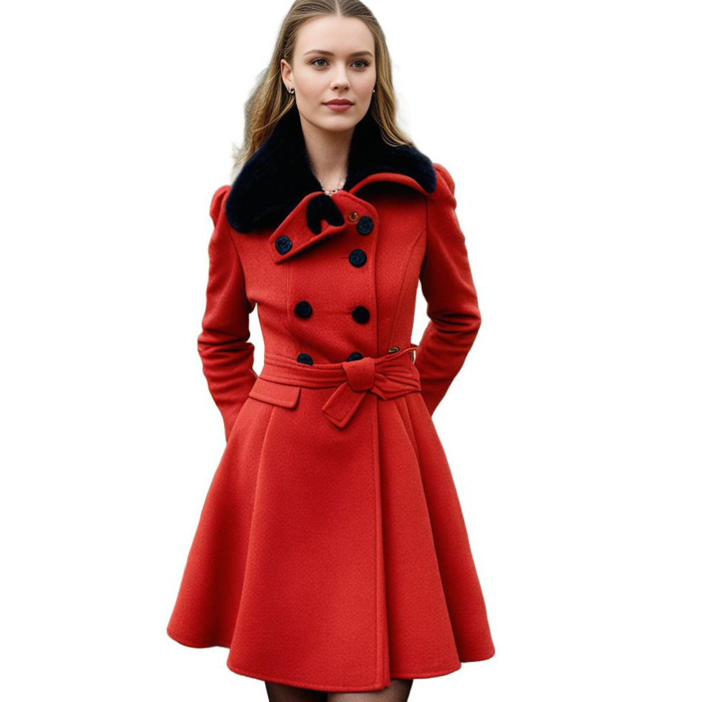 Sophie | Elegante warme wollen winterjas voor dames met imitatiebontkraag en ceintuur